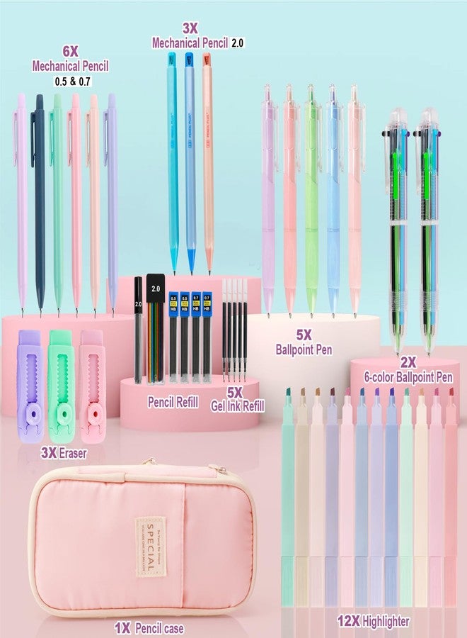 JEVONI 43 PCs Aesthetic School Supplies Kit - Art & Study Set with Pink Pencil Case, 0.5/0.7/2.0mm Mechanical Pencils, 6-Color Ballpoint Pens & Black Ink Gel Pens &12 Pastel Highlighters - Image 2